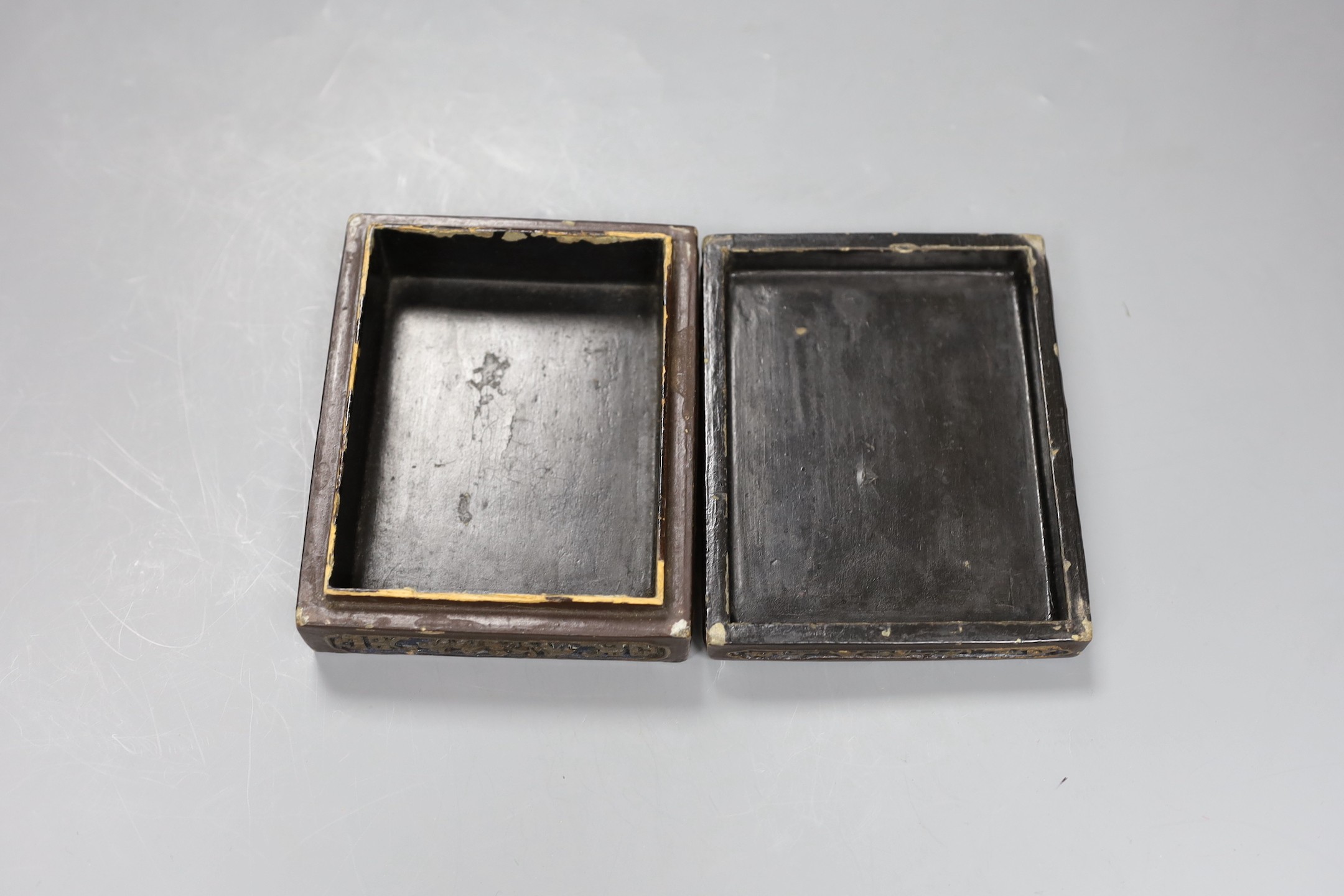 A Chinese lacquered rectangular box and cover, 12.5cms wide x10cms deep